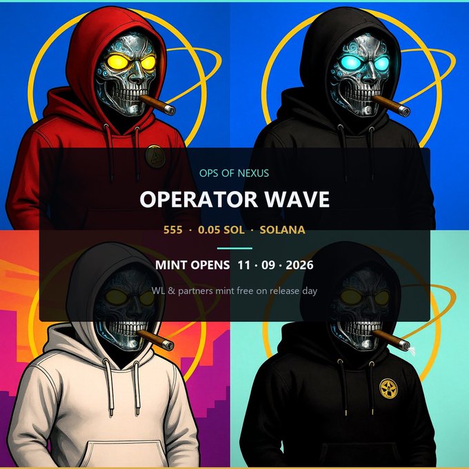 NFT promotional graphic for 'Operator Wave' by Ops of Nexus, featuring four skull-masked hooded figures, priced at 555 SOL on Solana with mint opening on 11.09.2026.