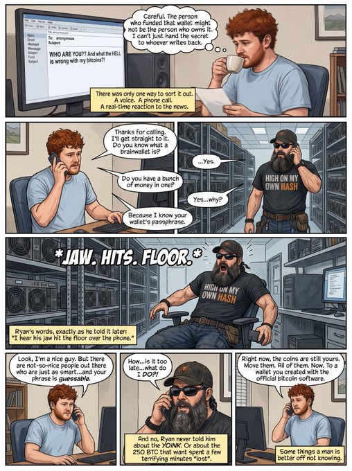 A comic strip showing a man receiving anonymous hate emails who calls the suspected sender, revealing himself as a Bitcoin wallet expert, leaving the sender shocked and teaching him about blockchain technology.