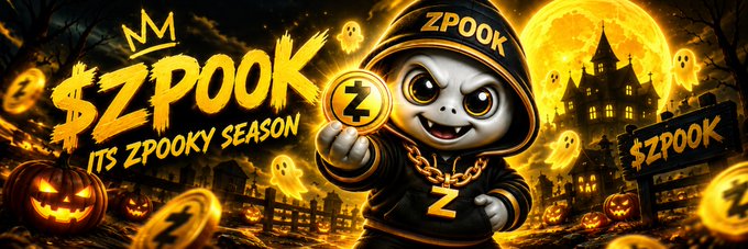 A Halloween-themed banner for Solana token $ZPOOK shows a cartoon zombie in a hoodie holding a glowing “Z” coin, surrounded by pumpkins, ghosts, and a haunted castle. Visible text includes “$ZPOOK,” “IT’S ZPOOKY SEASON,” and “ZPOOK,” matching the newly added community banner.