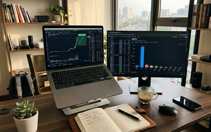 A home office workspace features a laptop and external monitor displaying trading charts, alongside an open notebook with handwritten notes including 'GGP ETF', a pen, a coffee cup, and a smartphone, all set against a window view of a city skyline.