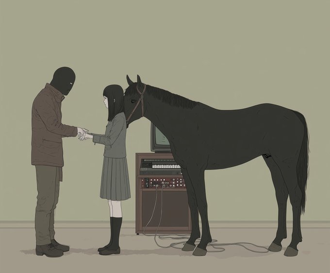 The image features a man wearing a mask, standing next to a woman who is holding onto a horse's bridle. The scene takes place indoors with a television set visible nearby. A caption below the image reads "Thank you @dreadnaughtus for collecting from the XXVI collection on Tezos".