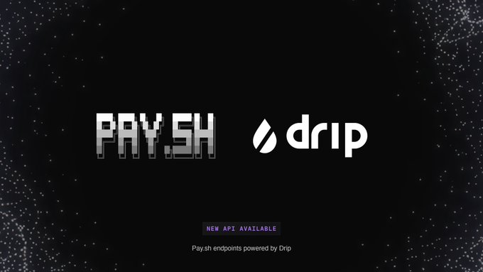 The image features the "PAY.SH" and "drip" logos on a dark, starry background, with a purple "NEW API AVAILABLE" banner and text announcing "Pay.sh endpoints powered by Drip." This graphic promotes the integration of Drip's platform with Pay.sh, aligning with the post's announcement that Drip's on-demand financial research and paywall-unlocking services are now accessible through Pay.sh.