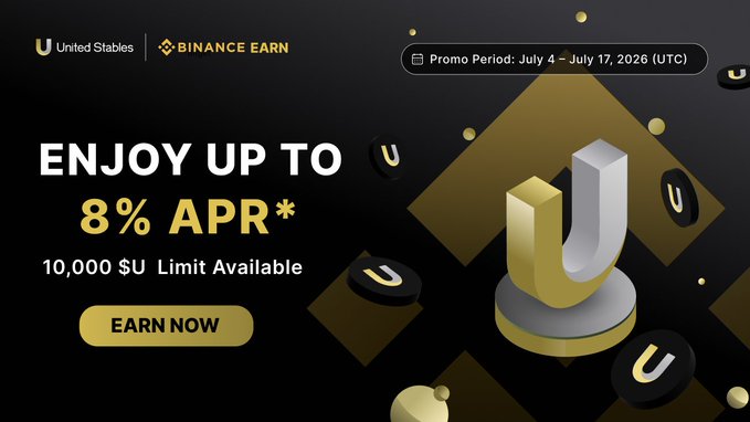 United Stables x Binance Earn promotional banner offering 'UP TO 8% APR*' with 10,000 SU limit, promo period July 4 – July 17, 2026 (UTC).