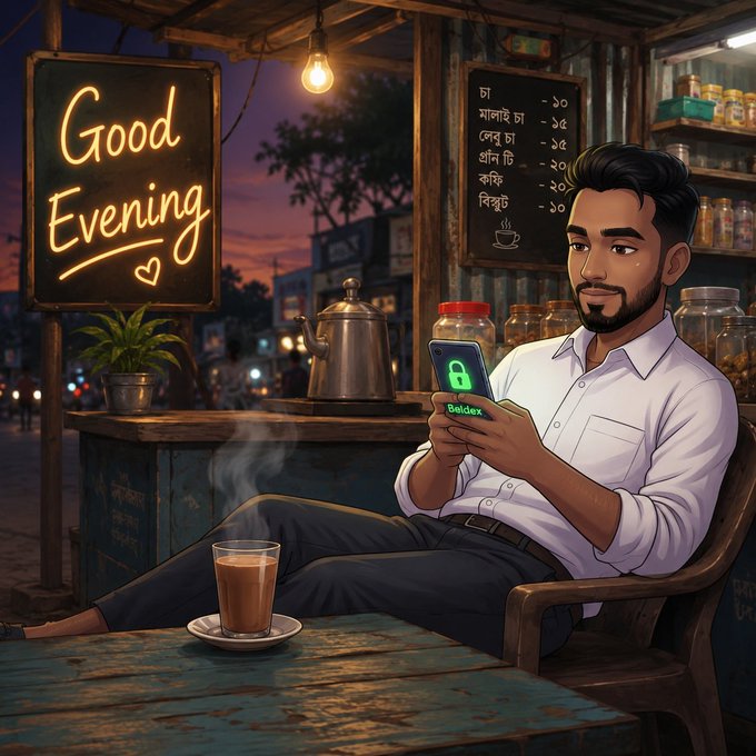 An illustrated scene of a man sitting at a tea stall using a smartphone displaying a 'Betdex' app, with a neon sign reading 'Good Evening' and a cup of chai on the table.