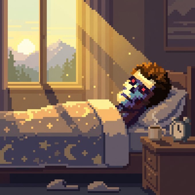 A pixel art scene shows a person with brown hair watching a glowing screen in bed while a sunrise streams through the window, with a nightstand holding a mug and alarm clock nearby.