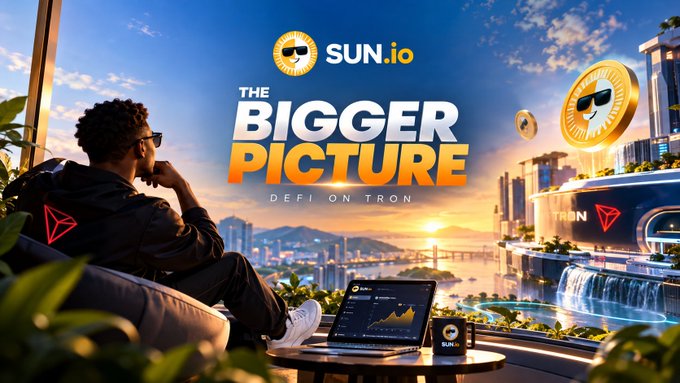 SUN.io "DeFi on Tron" promotional banner titled "The Bigger Picture" showing a man with a laptop overlooking a futuristic cityscape with the SUN token logo.