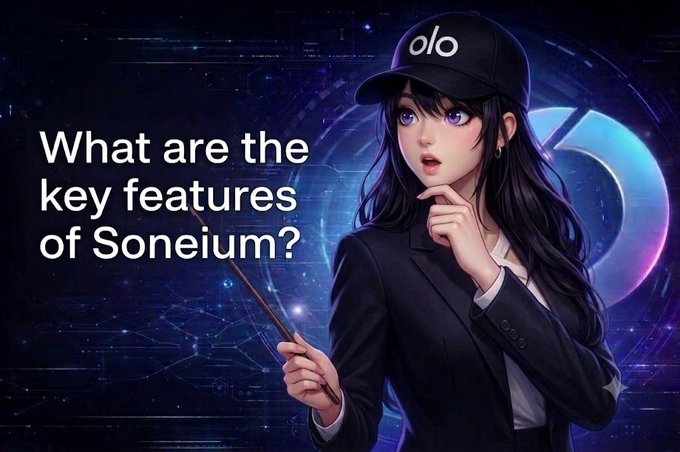 A digital illustration featuring an anime-style woman in a black suit and cap with the logo "olo," posed with a pointer against a space-themed background with text asking, "What are the key features of Soneium?"