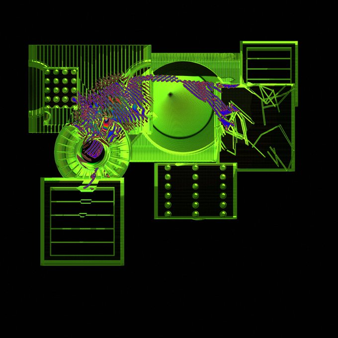 An abstract 3D render featuring bright green wireframe geometric shapes against a black background, with colorful textured elements intersecting the central circular form.
