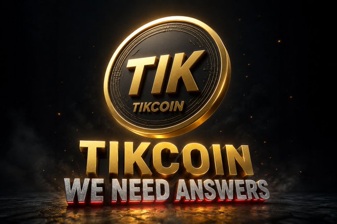 A glossy gold "TIK" coin emblem with "TIKCOIN" engraved below it hovers above bold text reading "TIKCOIN / WE NEED ANSWERS" against a dark, smoky backdrop — visually amplifying the post's demand for transparency from the Tikcoin team, echoing frustration over unclear project updates and shifting focus toward referrals.
