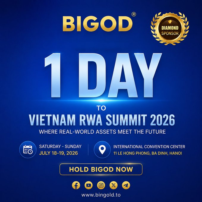 BIGOD promotional poster for the 'Vietnam RWA Summit 2026' counting down '1 DAY' to the event on July 18-19, 2026 at International Convention Center, 11 Le Hong Phong, Ba Dinh, Hanoi.
