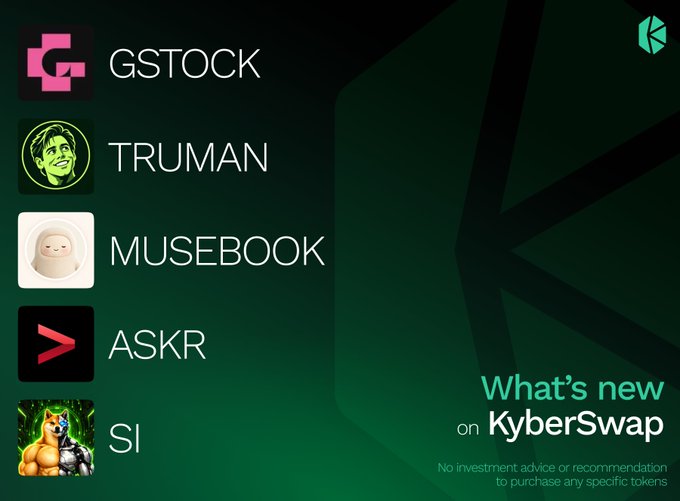 A promotional graphic for KyberSwap listing new tokens: GSTOCK, TRUMAN, MUSEBOOK, ASKR, and SI.
