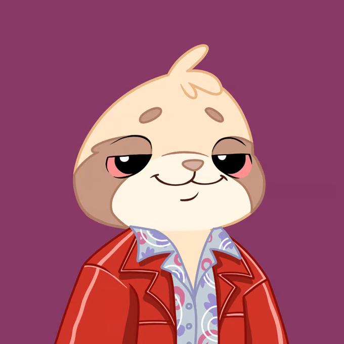 A cartoon illustration depicts a small sloth character wearing a red leather jacket over a purple floral shirt against a solid maroon background.
