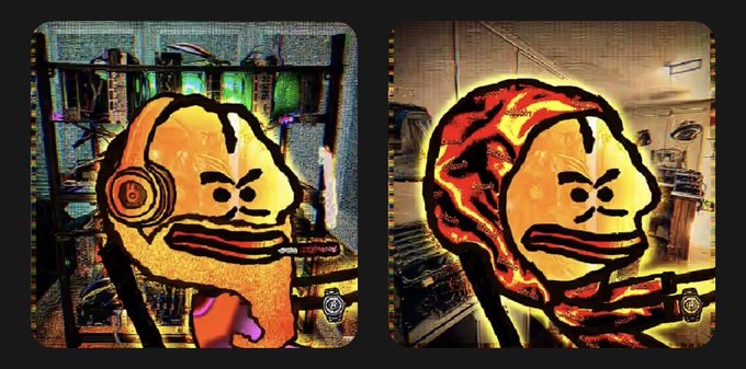 Two side-by-side NFT cards featuring stylized character illustrations with yellow/orange tones against urban backgrounds.