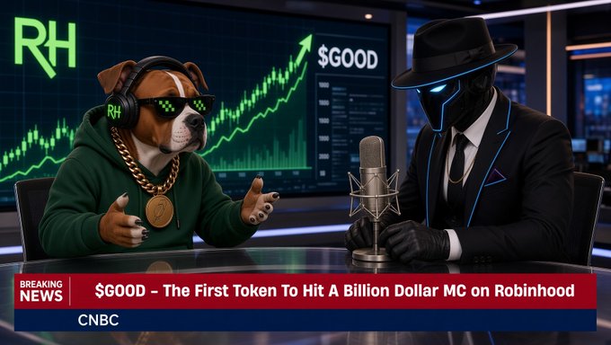 An animated broadcast scene features a dog character wearing "RH" sunglasses and gold chains alongside a mysterious figure in a black fedora at a desk with a microphone, set against a stock chart labeled "$GOOD" with the ticker "RH" in the corner. The chyron reads "BREAKING NEWS: $GOOD - The First Token To Hit A Billion Dollar MC on Robinhood" with "CNBC" branding, visually reinforcing the post's claim that Robinhood has highlighted $GOOD as a major token.