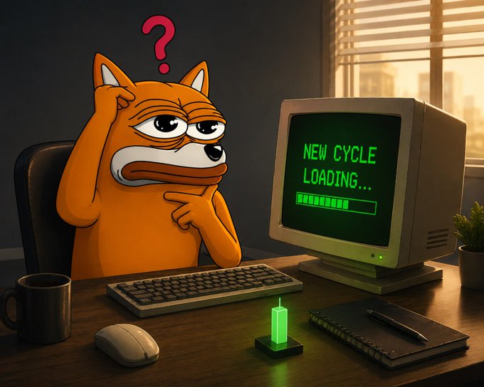 A confused orange Shiba Inu dog sits at a desk scratching its head in front of an old CRT monitor displaying "NEW CYCLE LOADING..." with a progress bar. The image captures the uncertainty of whether the current moment marks the start of a new memecoin bull run, with the dog's puzzled expression and the loading screen symbolizing the waiting and anticipation that comes with being unsure if a major crypto cycle is about to begin.