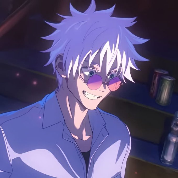 An anime-style illustration of a young man with spiky white/lavender hair wearing round purple-tinted sunglasses, grinning in a dimly lit setting with bottles in the background.