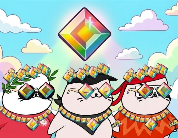 A cartoon illustration of three cute white cat-like characters wearing rainbow crystal sunglasses, jewelry, and headbands, with a large glowing rainbow diamond above them.
