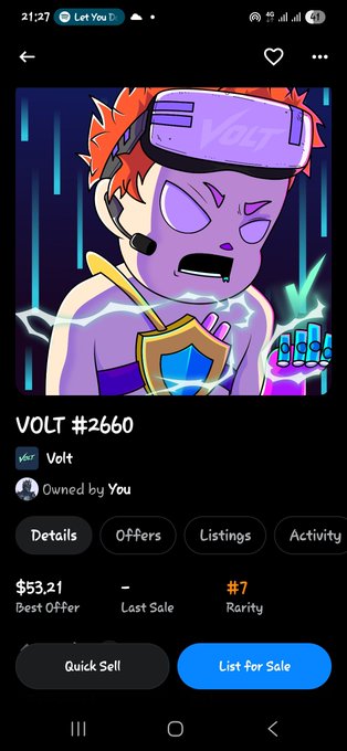 A mobile screenshot showing an NFT of 'VOLT #2660' (VFT) valued at $53.21 with a rarity rank of #7, featuring a cartoon character with orange hair and a purple visor.