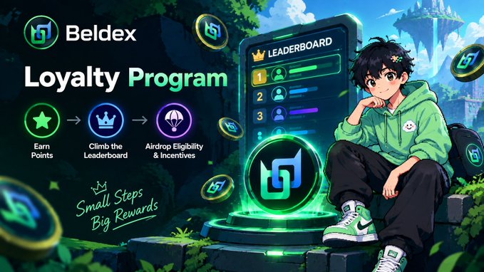 Promotional graphic for 'Beldex Loyalty Program' featuring an anime-style character sitting next to a glowing green leaderboard hologram, with text 'Earn Points', 'Climb the Leaderboard', 'Airdrop Eligibility & Incentives', and 'Small Steps Big Rewards'.