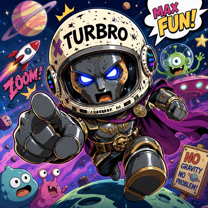 A colorful cartoon illustration of an astronaut character with 'TURBRO' on its helmet, surrounded by aliens, planets, and text reading 'ZOOM!', 'MAX FUN!', and 'NO GRAVITY NO PROBLEM!'.