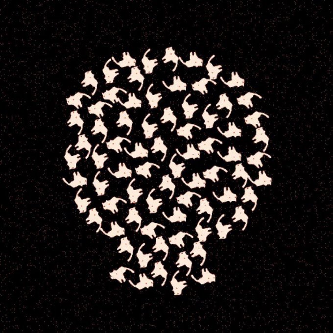 An artistic image on a black speckled background showing the shape of a human brain formed by an arrangement of small light-colored figures in various poses.