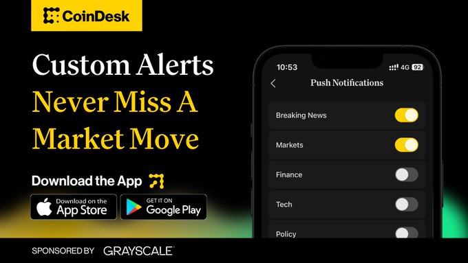 The image is a CoinDesk promotional graphic featuring the CoinDesk logo and the headline "Custom Alerts, Never Miss A Market Move," alongside a smartphone mockup displaying a "Push Notifications" screen with toggle options for Breaking News, Markets, Finance, Tech, and Policy. It includes App Store and Google Play download buttons and notes it is "Sponsored by Grayscale," directly supporting the post's message about setting custom price alerts in the CoinDesk app.
