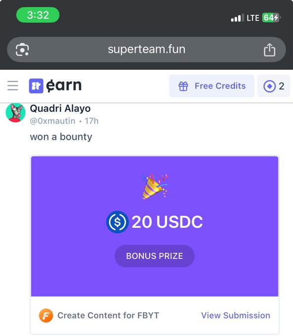 A mobile screenshot of superteam.fun showing user @0xmautin (Quadri Alayo) won a 20 USDC bonus prize bounty for 'Create Content for FBYT'.