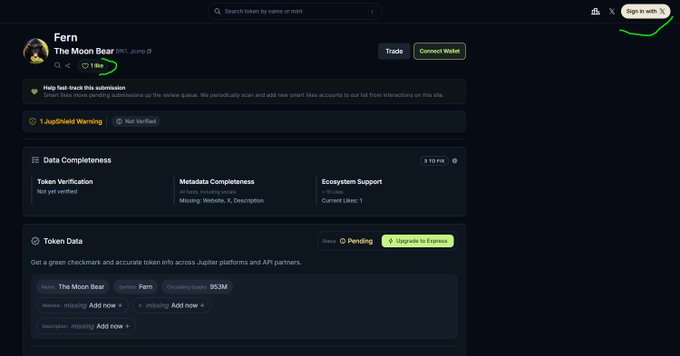 A screenshot of a token page for 'The Moon Bear' (symbol Fern) showing data completeness and token data sections.