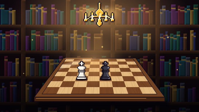 A pixel art chessboard scene showing a white king and black king facing each other, set in a cozy room with bookshelves and a chandelier overhead.