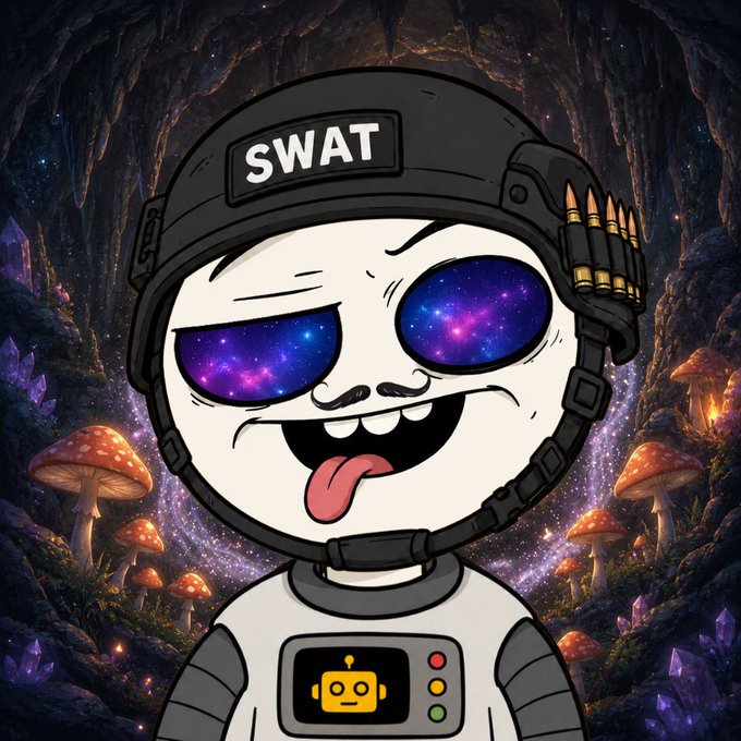 A cartoon illustration of a goofy astronaut with a galaxy-patterned visor wearing a 'SWAT' helmet and bullet bandolier, set against a cave background with glowing mushrooms and crystals.