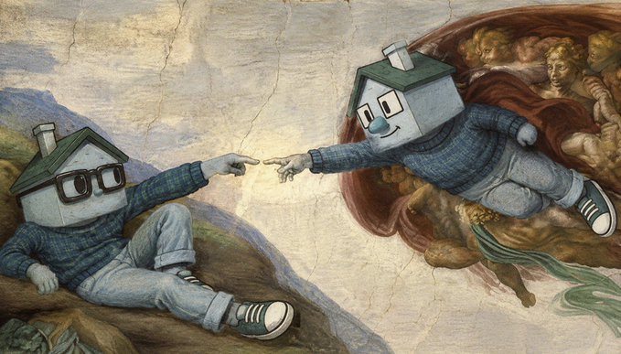 A digital artwork parodies Michelangelo's 'Creation of Adam,' featuring two house-headed cartoon characters wearing sweaters reaching out to touch fingers across the composition.