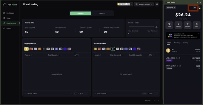 A screenshot of the Noir Wallet "Rhea Lending" dashboard showing a balance of $26.24 with empty Supply and Borrow Markets, and a red box highlighting the settings (gear) icon in the top right corner of the wallet panel—illustrating step 1 of switching RPC as instructed in the guide.