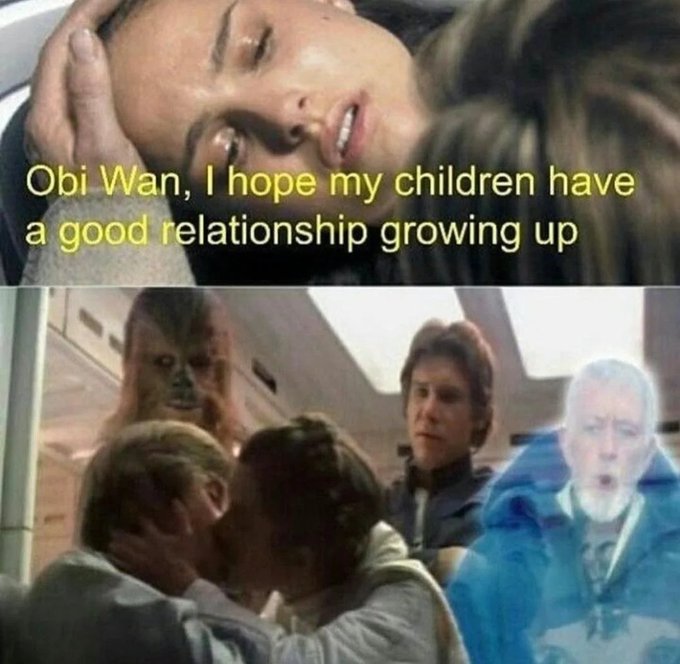 A meme featuring Star Wars characters with text 'Obi Wan, I hope my children have a good relationship growing up' over Padmé's face.