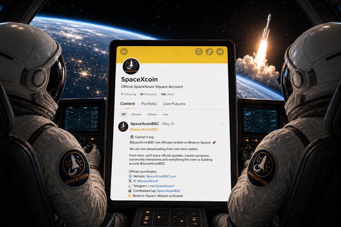 A promotional image showing a SpaceXcoin Square Account on a tablet displayed between two astronauts, featuring SpaceXcoin ($spaceXcoinBSC) with the tagline 'Search query, natural language and Google-style operators both.'