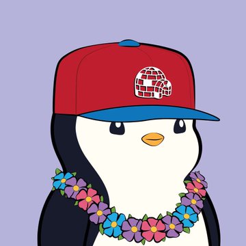 A digital illustration of a cute penguin character wearing a red and blue baseball cap featuring a brick/cage logo, accessorized with a colorful flower lei.