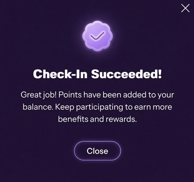 A mobile app notification screen with a purple checkmark badge reading 'Check-In Succeeded! Great job! Points have been added to your balance. Keep participating to earn more benefits and rewards.' with a 'Close' button.