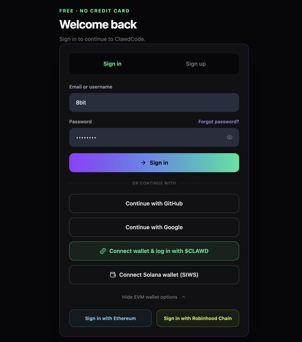 A sign-in page for ClawdCode with the text 'Welcome back' and 'FREE - NO CREDIT CARD', offering login options including email/password, GitHub, Google, and various cryptocurrency wallet connections.