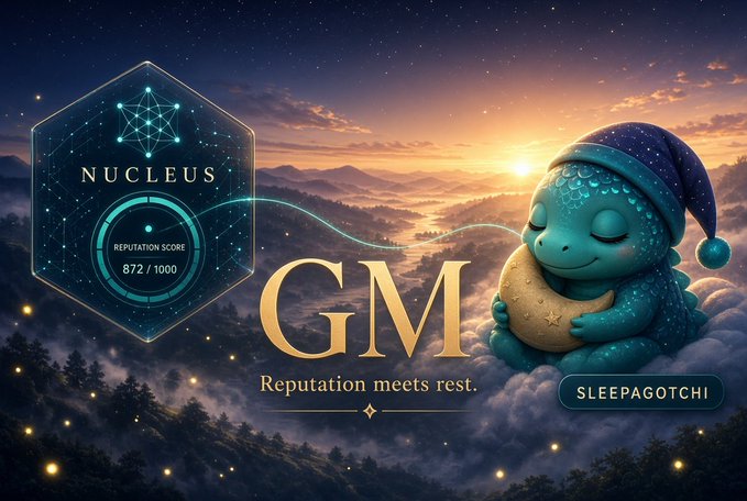 A fantasy artwork featuring a cute blue dragon wearing a nightcap and holding a star-emblazoned pillow, with a 'NUCLEUS' badge showing a reputation score of 872/1000 and the text 'GM - Reputation meets rest. SLEEPAGOTCHI'.