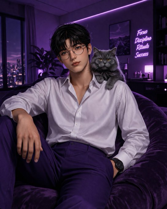 Digital illustration of a young man with glasses and a white shirt sitting on a purple velvet couch with a gray cat on his shoulder; a neon sign in the background reads 'Focus, Discipline, Rituals, Success'.