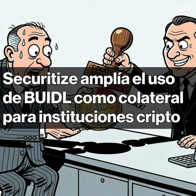 A cartoon-style meme showing a nervous sweating man being handed a 'Collateral Approval' stamp by a grinning official, with the Spanish text 'Securitize amplía el uso de BUIDL como colateral para instituciones cripto' overlaid.