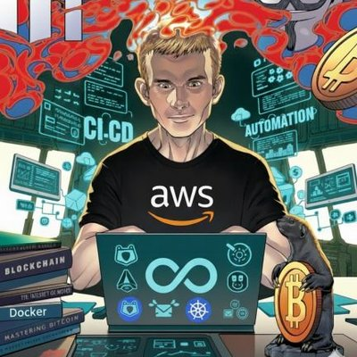 An AI-generated image depicting a young man in an AWS t-shirt surrounded by various tech and cryptocurrency symbols including Docker, Blockchain, Kubernetes, and a Shiba Inu dog holding a Bitcoin, with text reading 'CI/CD' and 'AUTOMATION'.