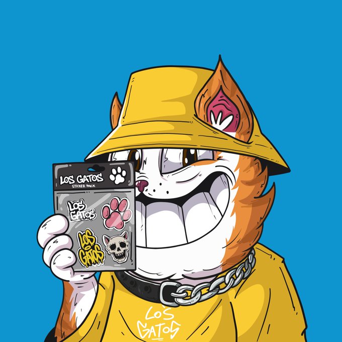 A cartoon illustration of an orange and white grinning cat wearing a yellow bucket hat and chain, holding a sticker pack labeled 'LOS GATOS STICKER PACK' with various logos including 'LOS CHICS' and 'LOS GRR'.