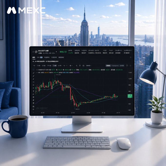 A promotional image showing a desktop monitor displaying a trading chart with 'MUR/USDT' and 'MEXC' branding, set on a desk with a city skyline view through the window.