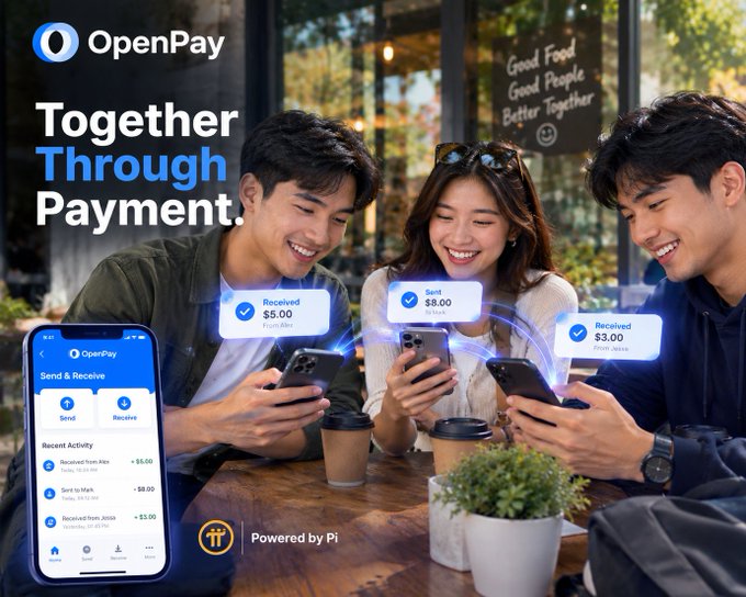 A promotional image for OpenPay, branded with the "OpenPay" logo and the tagline "Together Through Payment," features three smiling young people sitting at an outdoor café table, each looking down at their smartphone with floating digital receipts above their phones showing "Received $5.00," "Sent $8.00," and "Received $3.00." A smartphone mockup on the left displays the OpenPay app interface with a "Send & Receive" screen showing recent activity, while the bottom of the image notes "Powered by Pi" alongside the Pi cryptocurrency symbol (π), visually reinforcing the post's message about simple, social digital payments connecting people through the Pi Network.