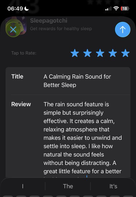 An iPhone screenshot of the App Store review interface for an app called 'Sleepagotchi' (Get rewards for healthy sleep), showing a 5-star rating and a positive review of its rain sound feature.