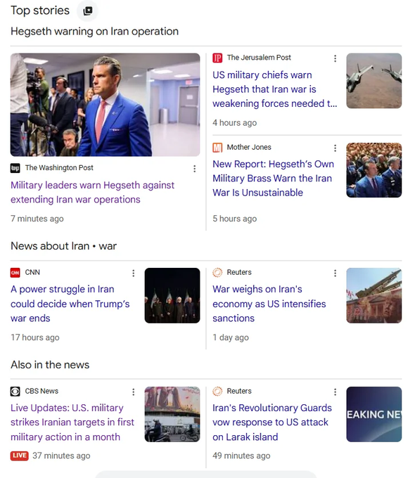 The image shows a news feed featuring "Top stories" about US military tensions with Iran, with headlines from The Washington Post, The Jerusalem Post, Mother Jones, CNN, Reuters, and CBS News discussing military leaders warning Hegseth against extending Iran war operations, economic impacts of sanctions, and US strikes on Iranian targets. This relates to the post's concern about escalating war potentially affecting monetary policy decisions and rate hike probabilities.