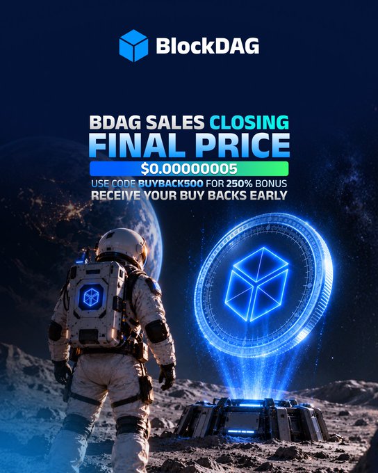 The image is a BlockDAG promotional graphic featuring an astronaut standing on a lunar surface beside a glowing blue cube hologram and a futuristic device, with text announcing "BDAG SALES CLOSING FINAL PRICE $0.00000005" and a promo code "BUYBACK500" for 250% bonus, matching the post's final 24-hour sale announcement.
