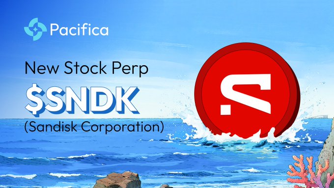A promotional graphic from Pacifica announces the launch of the $SNDK (Sandisk Corporation) stock perpetual, featuring the platform's logo in the top left, a large red coin-style icon with a stylized "S" emblem on the right, and a vibrant ocean backdrop with waves and coral, directly supporting the post's message about trading the new stock perp with up to 10x leverage.