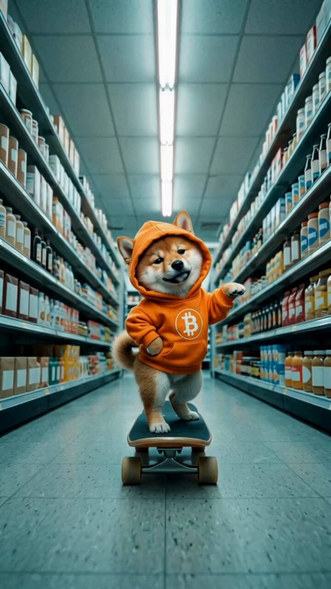 The image features an orange dog wearing a hoodie, standing on a skateboard inside a grocery store aisle with shelves of food behind him. The caption reads "Just a quiet day in the library... Waiting for $DOG to make some noise." This humorous and unexpected scene adds a touch of whimsy to the otherwise ordinary setting.