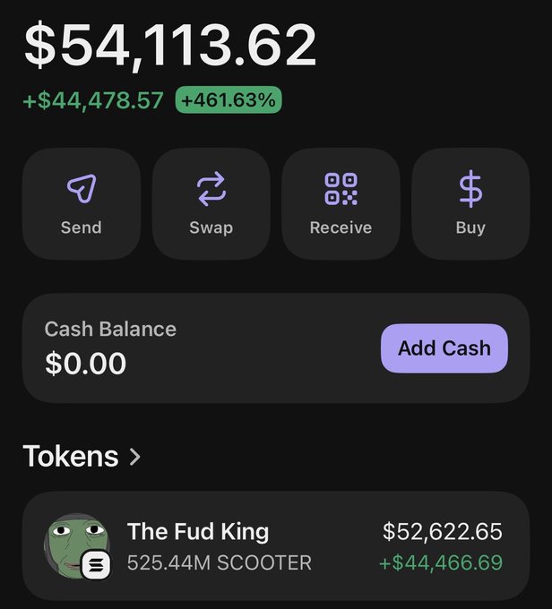 A crypto wallet screenshot displays a portfolio balance of $54,113.62, showing a gain of +$44,478.57 (+461.63%), with the main holding being 525.44M SCOOTER tokens valued at $52,622.65. The image illustrates the post's boast about making over $44,000 in profit in a short time, with the user challenging others to match these gains before offering to send them "supply."